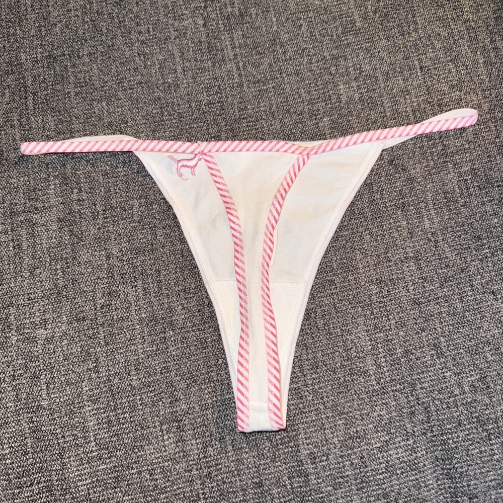 VS PINK VINTAGE Y2K COTTON EXTRA LOW RISE STRING THONG PANTY WHITE STRIPES DOG M - Picture 5 of 6
